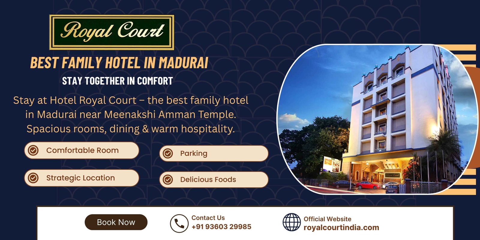 Hotel Royal Court – the best family hotel in Madurai near Meenakshi Amman Temple with spacious rooms, dining, and warm hospitality.