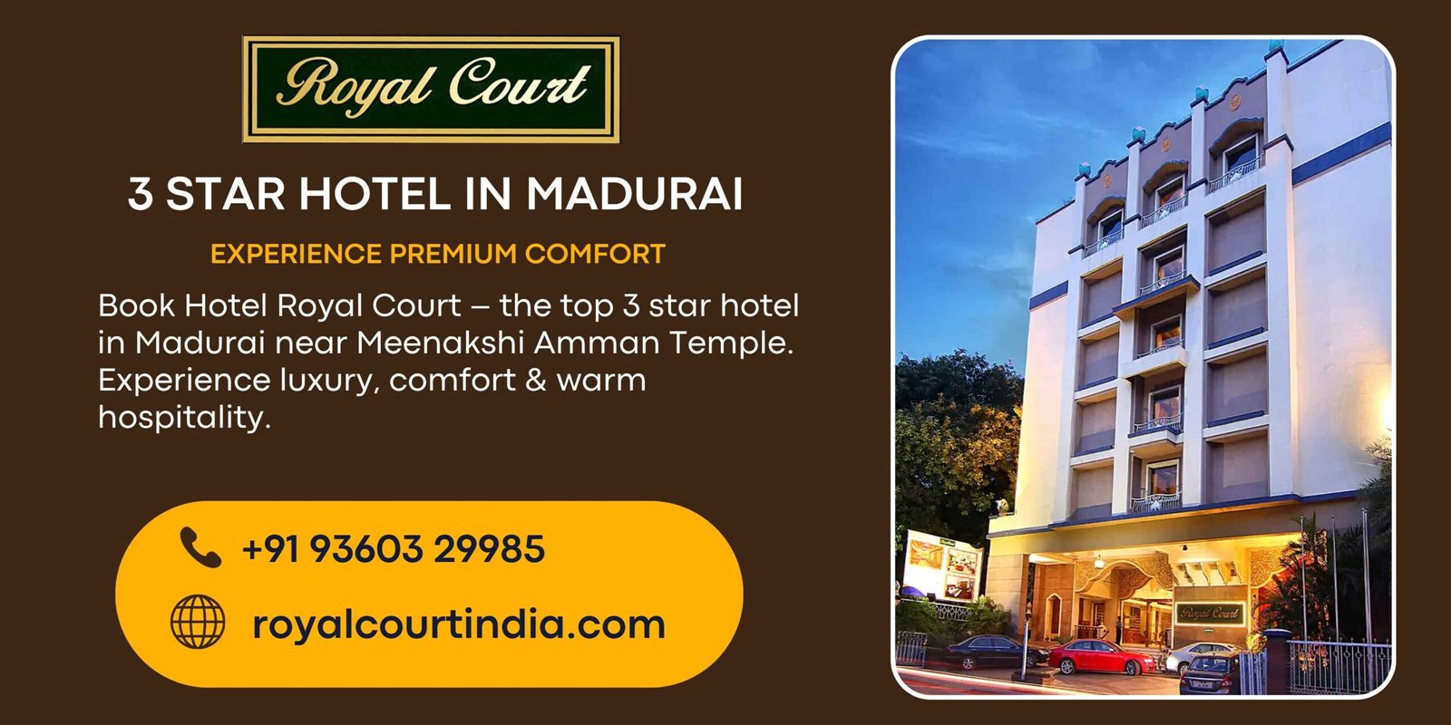 Hotel Royal Court – top 3 star hotel in Madurai near Meenakshi Amman Temple offering luxury, comfort, and warm hospitality.