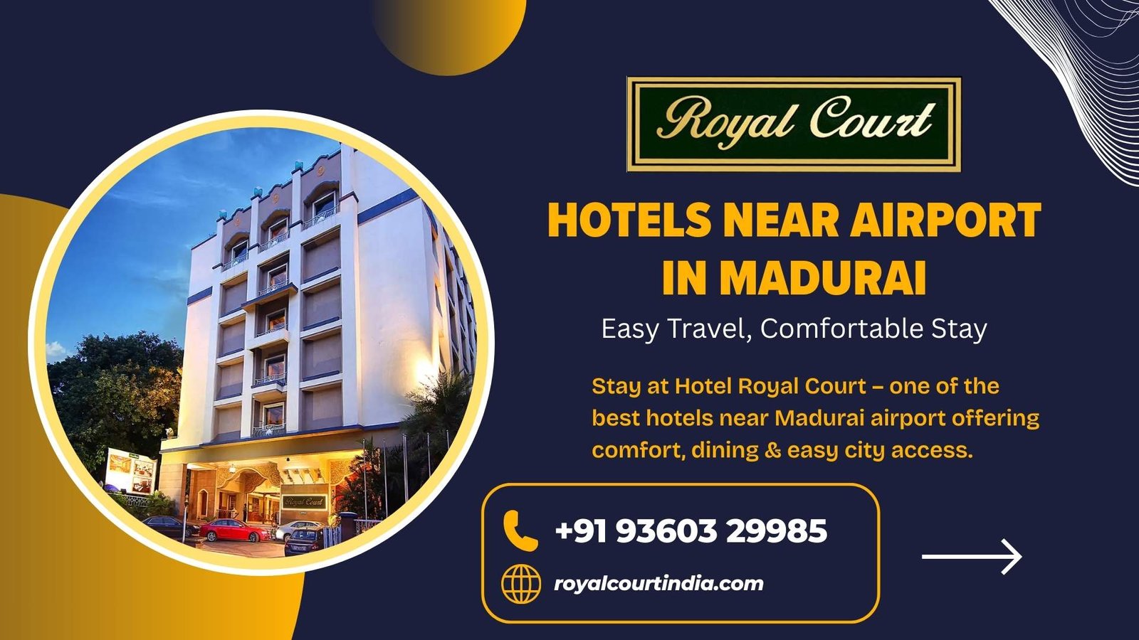 Hotel Royal Court near Madurai airport offering comfortable rooms, dining facilities, and easy city access for travellers.
