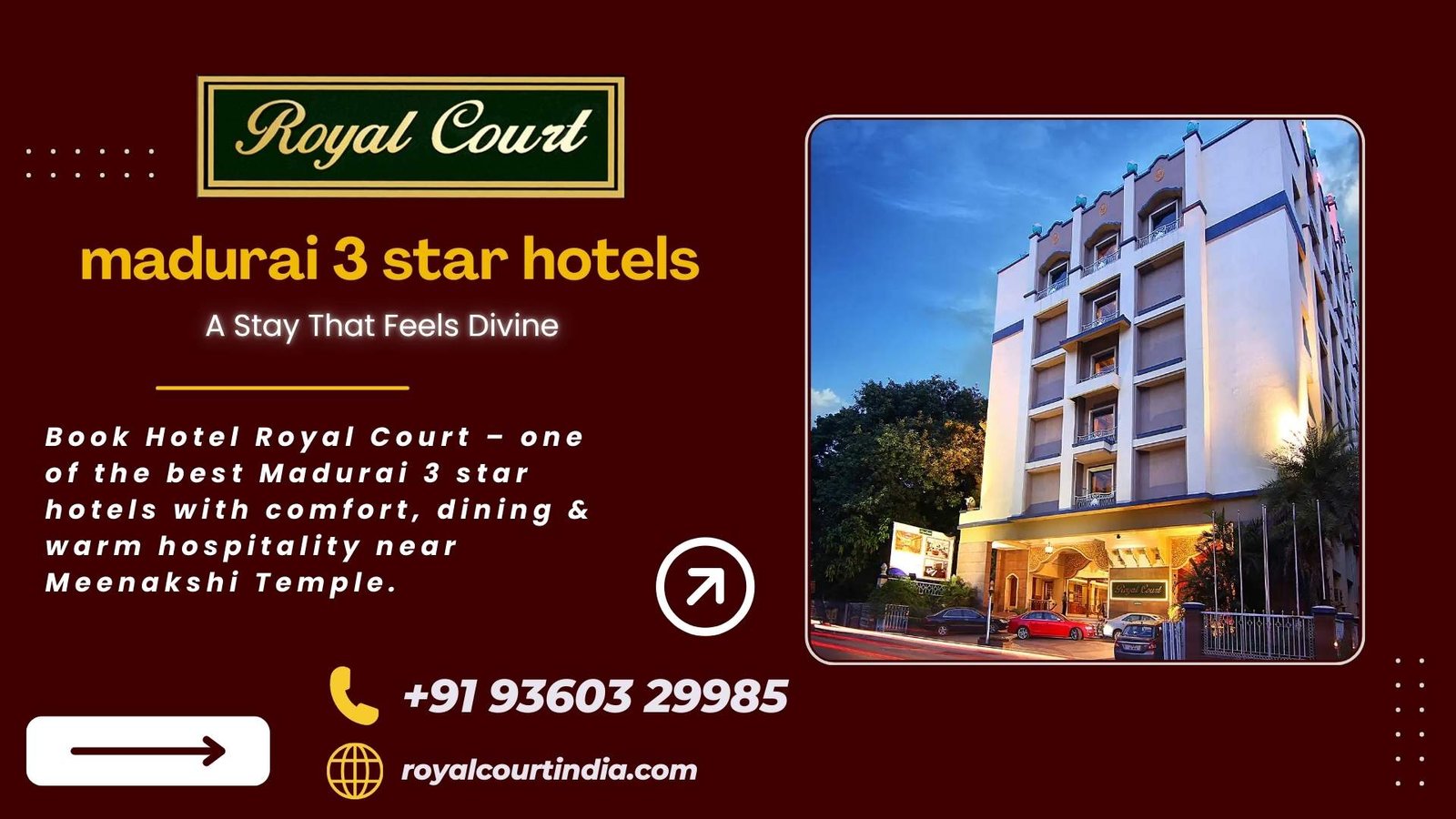 Hotel Royal Court exterior view – one of the best Madurai 3 star hotels offering comfort, dining, and warm hospitality near Meenakshi Temple.
