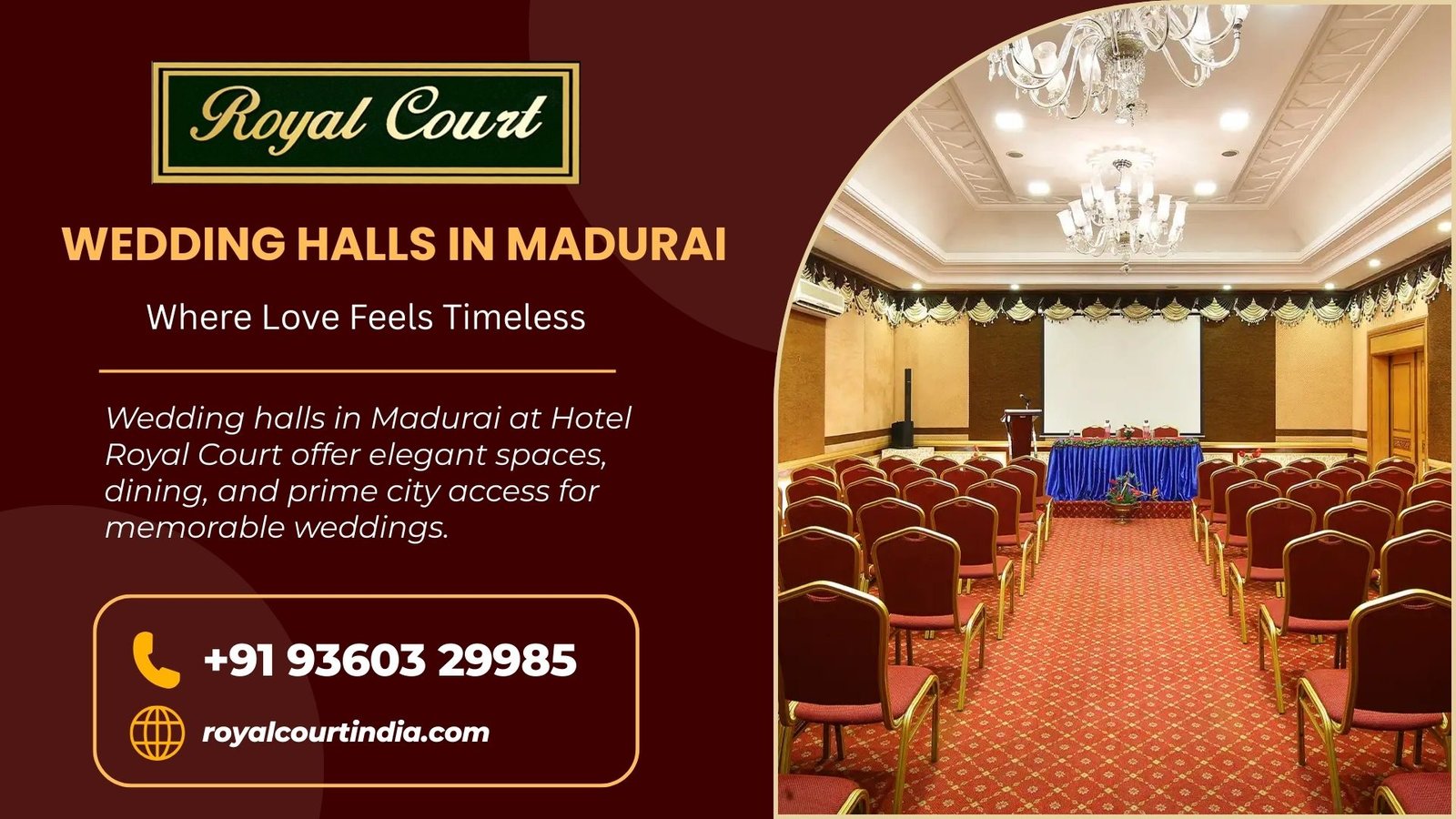 Wedding halls in Madurai at Hotel Royal Court offer elegant spaces, dining, and prime city access for memorable weddings.
