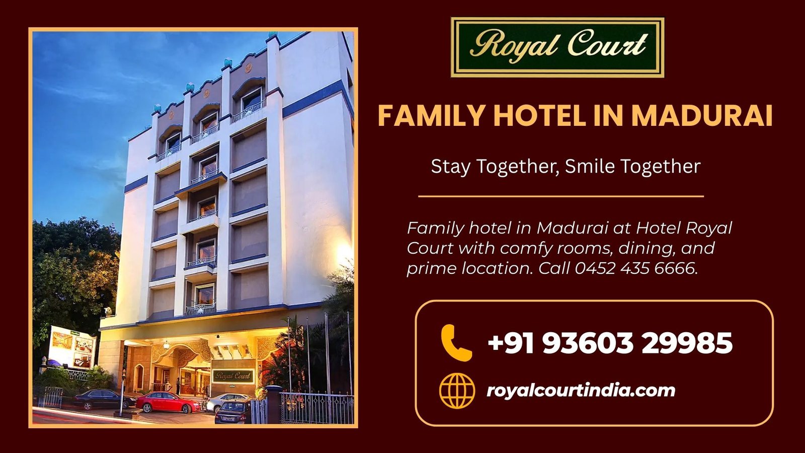 Family hotel in Madurai at Hotel Royal Court with comfy rooms, dining, and prime location. Call 0452 435 6666.