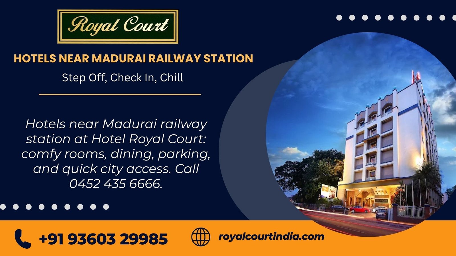 Hotels near Madurai railway station at Hotel Royal Court: comfy rooms, dining, parking, and quick city access. Call 0452 435 6666.