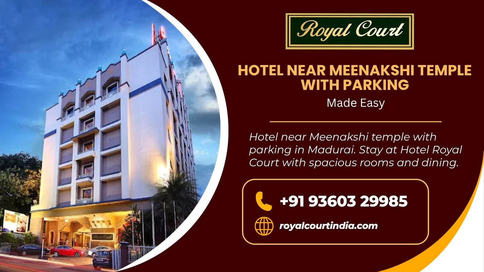 Hotel near Meenakshi temple with parking in Madurai. Stay at Hotel Royal Court with spacious rooms and dining.