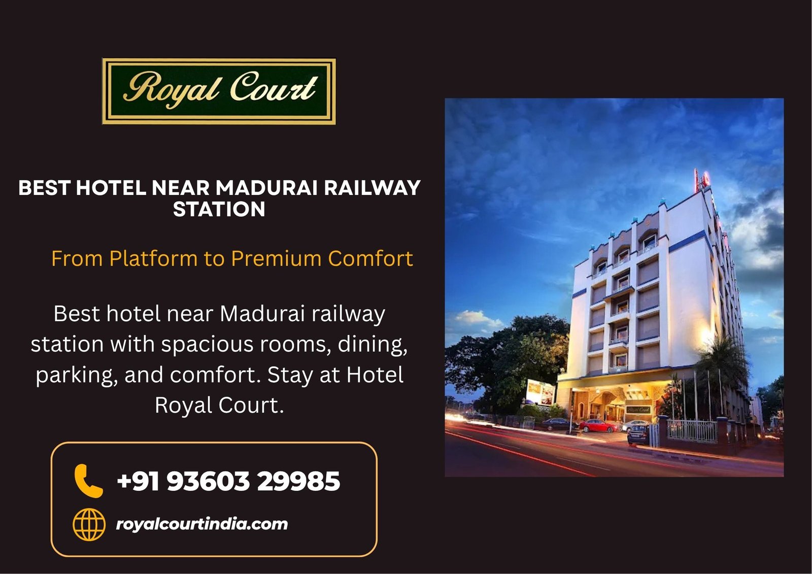 Best hotel near Madurai railway station with spacious rooms, dining, parking, and comfort. Stay at Hotel Royal Court.