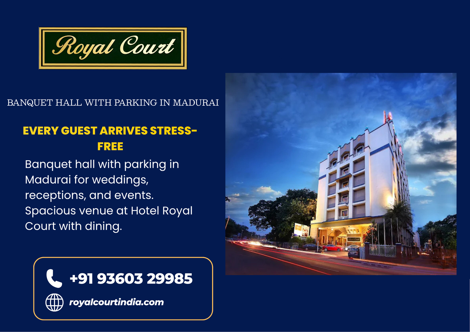 Elegant Banquet Hall with Parking in Madurai - Hotel Royal Court