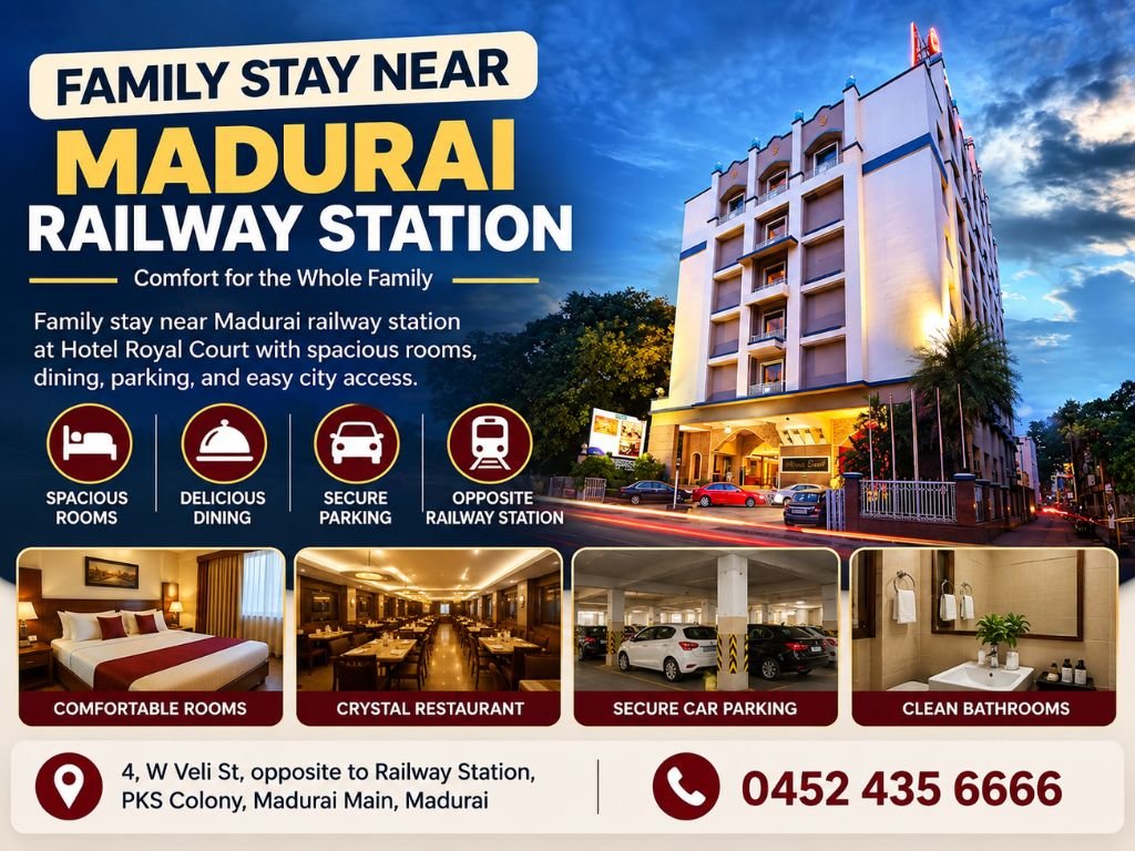 Family stay near Madurai railway station at Hotel Royal Court with spacious rooms, dining, parking, and easy city access.