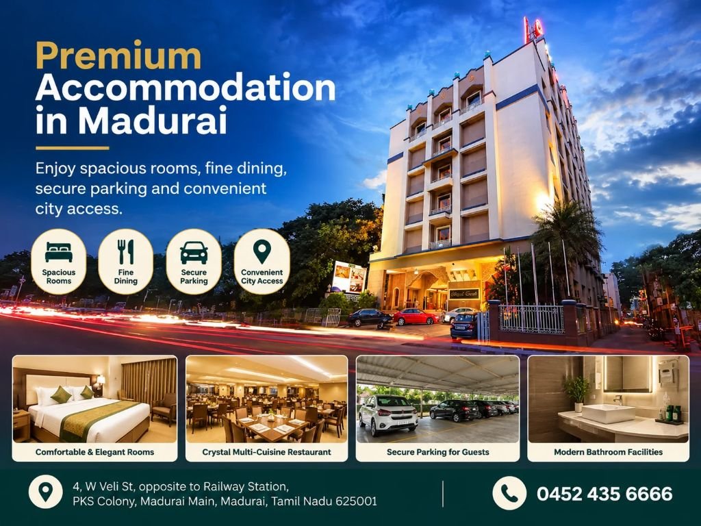 Premium accommodation in Madurai at Hotel Royal Court. Enjoy spacious rooms, fine dining, secure parking and convenient city access.