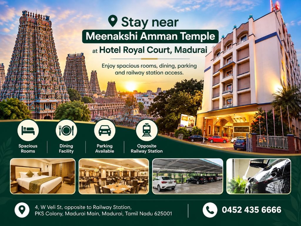 Stay near Meenakshi Amman Temple at Hotel Royal Court, Madurai. Enjoy spacious rooms, dining, parking and railway station access.