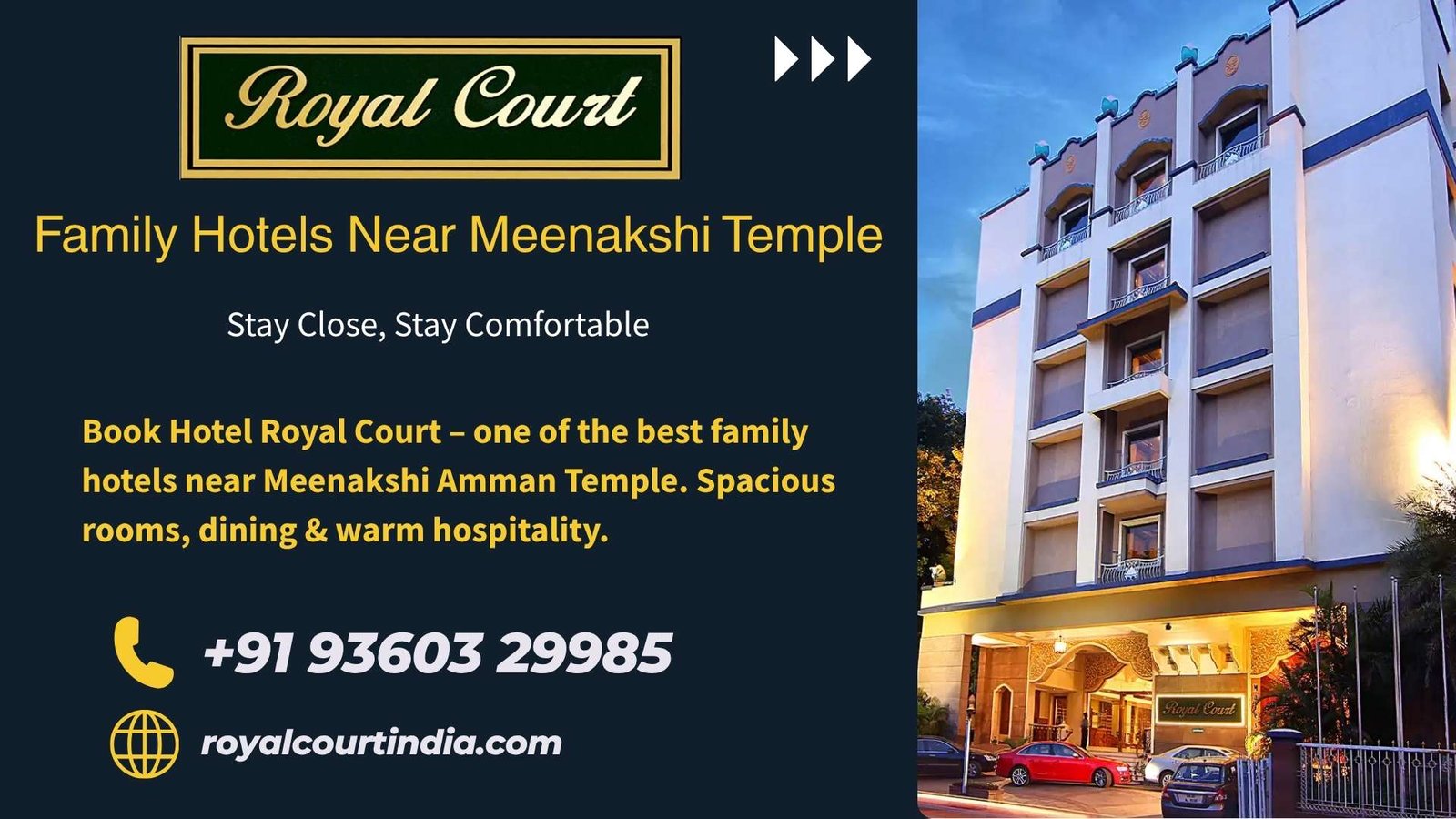 Hotel Royal Court – one of the best family hotels near Meenakshi Amman Temple in Madurai offering spacious rooms and warm hospitality.