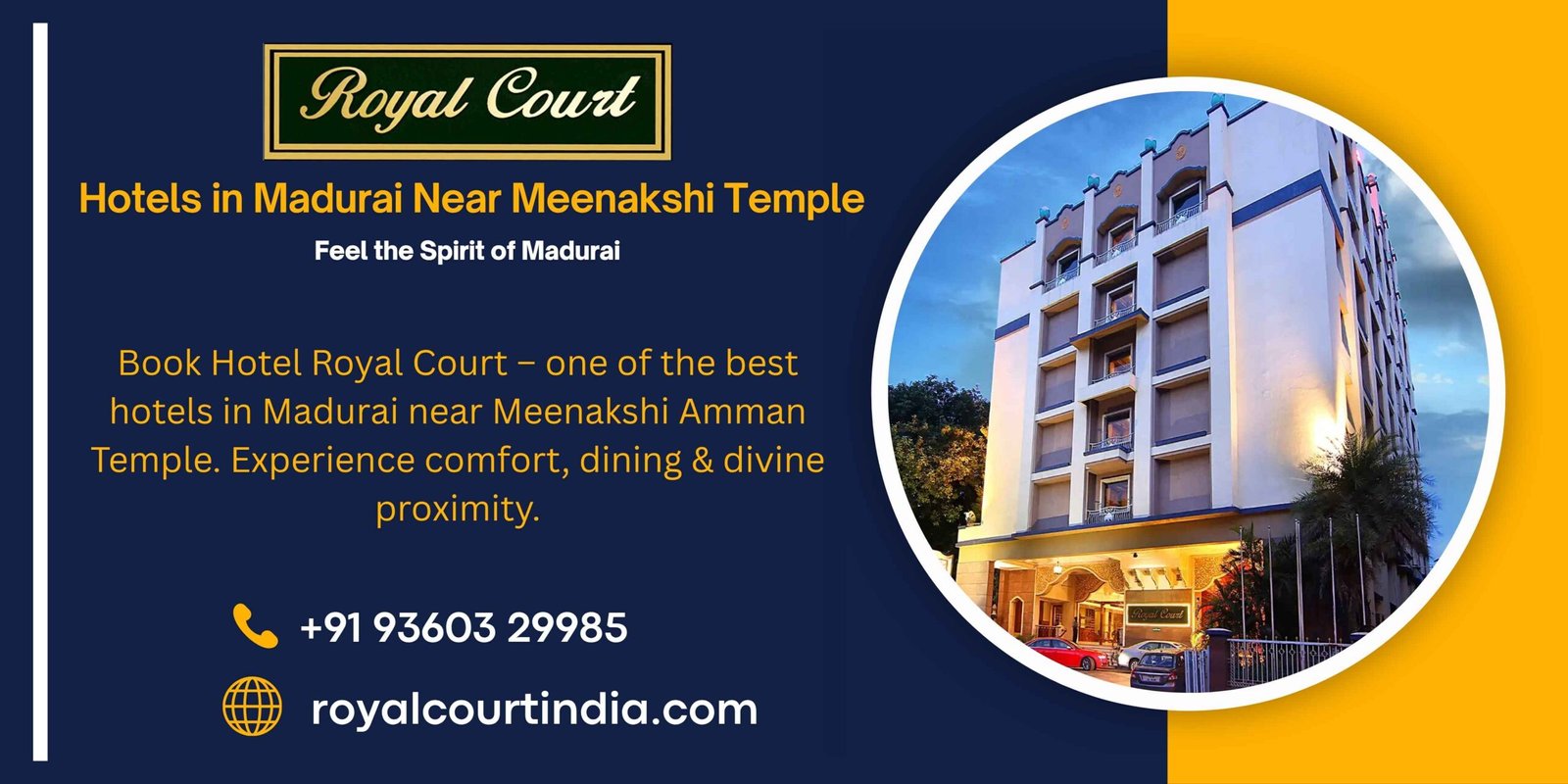 Hotel Royal Court – one of the best hotels in Madurai near Meenakshi Amman Temple offering comfort, dining, and divine proximity.
