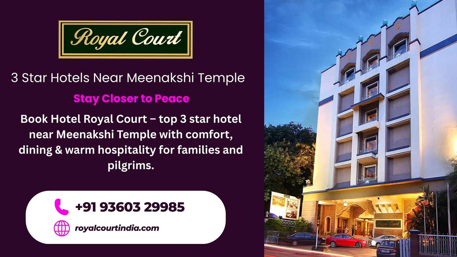Hotel Royal Court – top 3 star hotel near Meenakshi Temple offering comfortable rooms, dining, and warm hospitality for families and pilgrims.